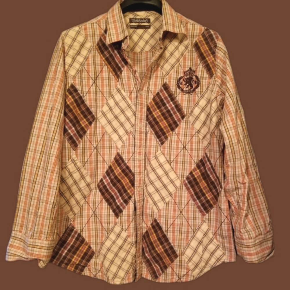 Ecko Unlimited Men's Long Sleeve Shirt Brown Diamond Plaid Cotton (Large)